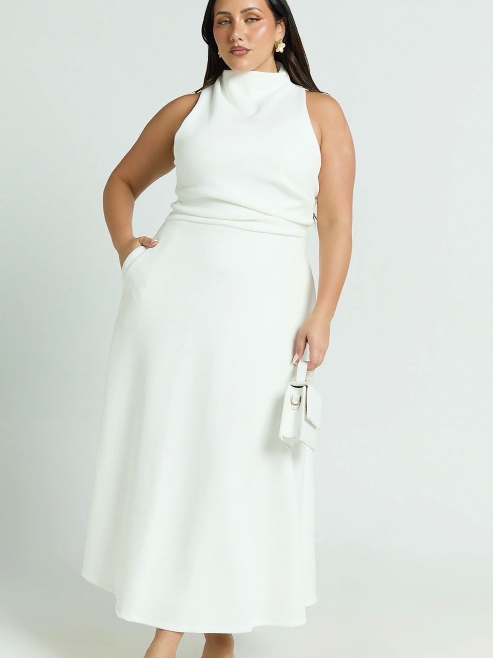 Showpo Cream High Neck Midi Dress
